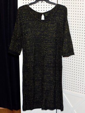 XL t/o Sweaters Black & Gold Metallic Shimmer Knit Tunic Dress 3/4 Sleeves